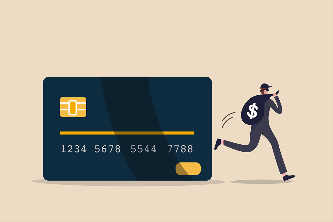 Cartoon picture of a credit card and a robber running with a money bag