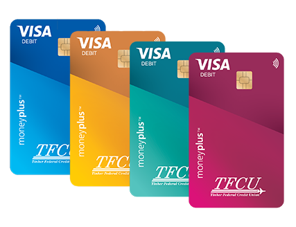 Stack of four moneyplus card in blue, yellow, green and pink